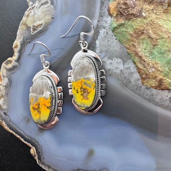 Sterling Silver Southwestern Style Oval Eclipse Jasper Decorated Dangle Earrings - Picture 5 of 10